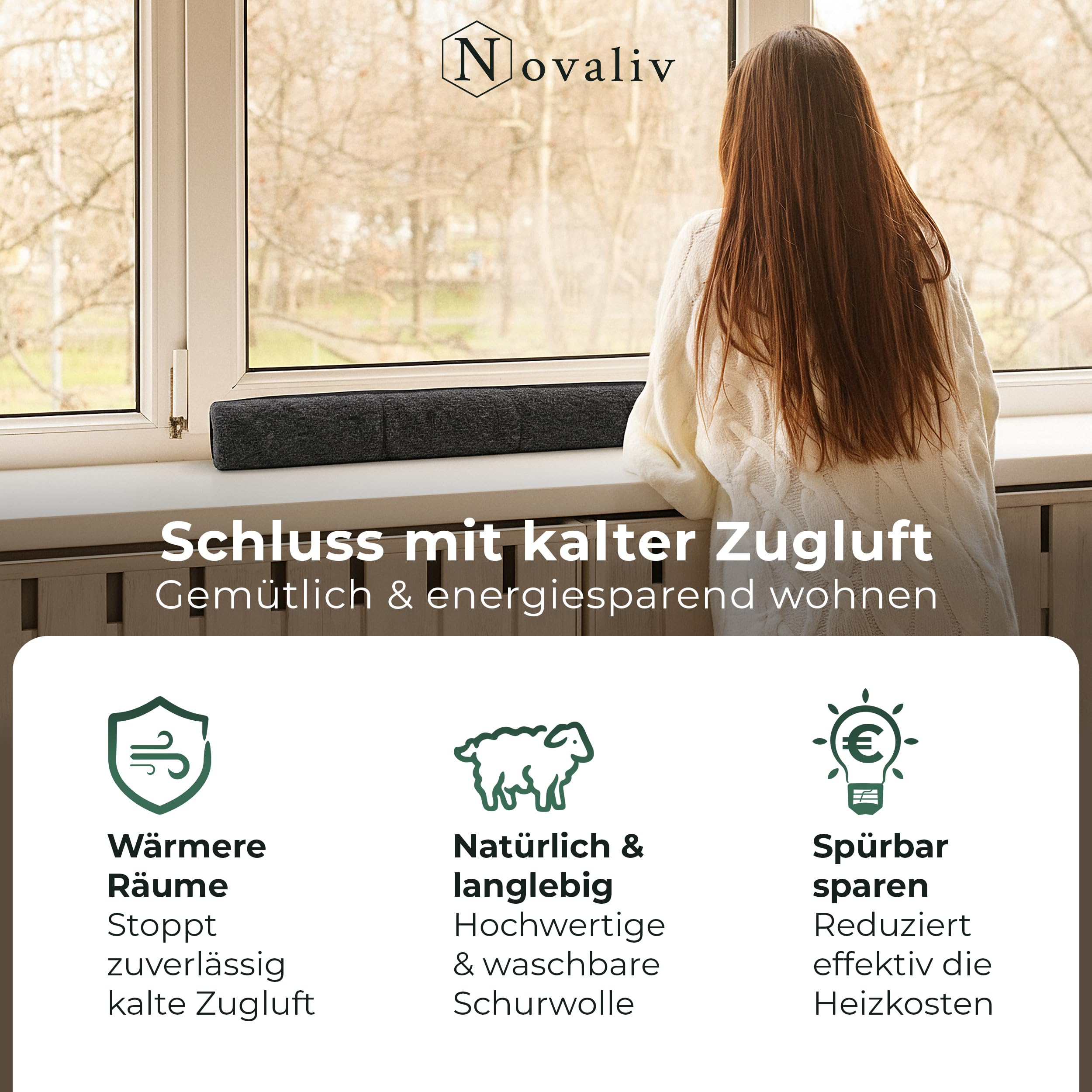 Zugluftstopper auf Fensterbank